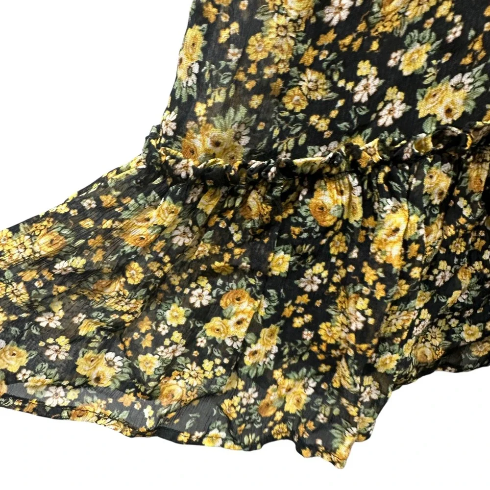 Sezane Margot Floral Mini Dress Black Yellow Puff Sleeve Ruffle Hem Size 36